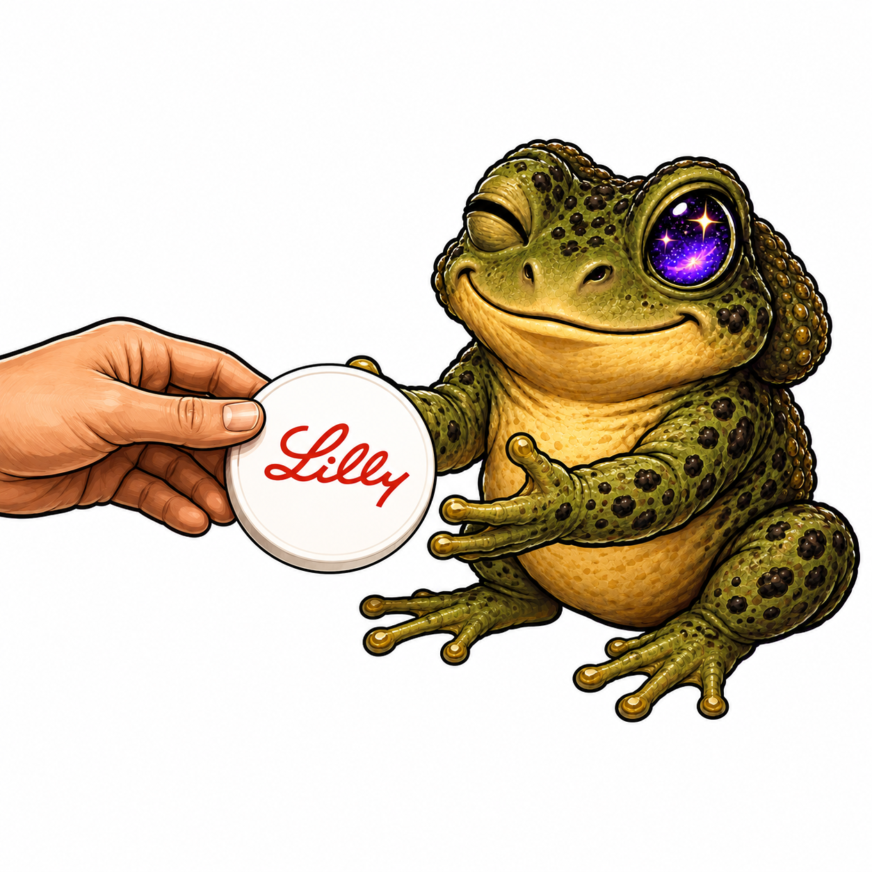 A hand offers a Lilly-branded token to BUFO, illustrating planned conservation support.
