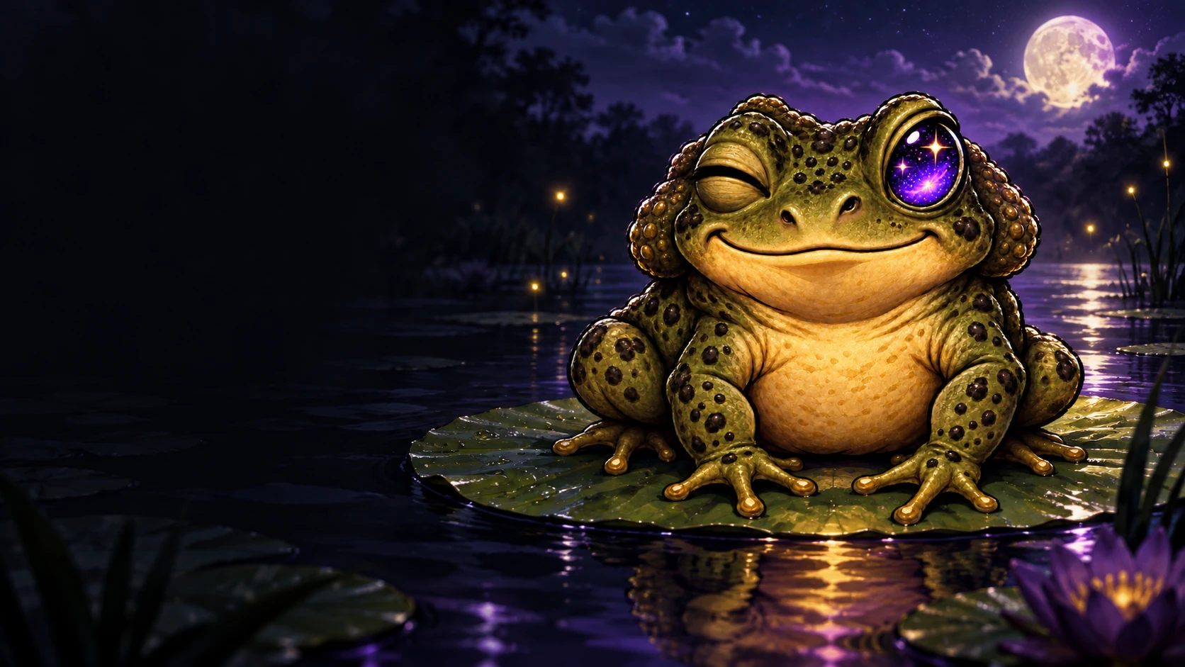 BUFO sits on a moonlit lily pad, his purple cosmic eye reflected in the dark water.